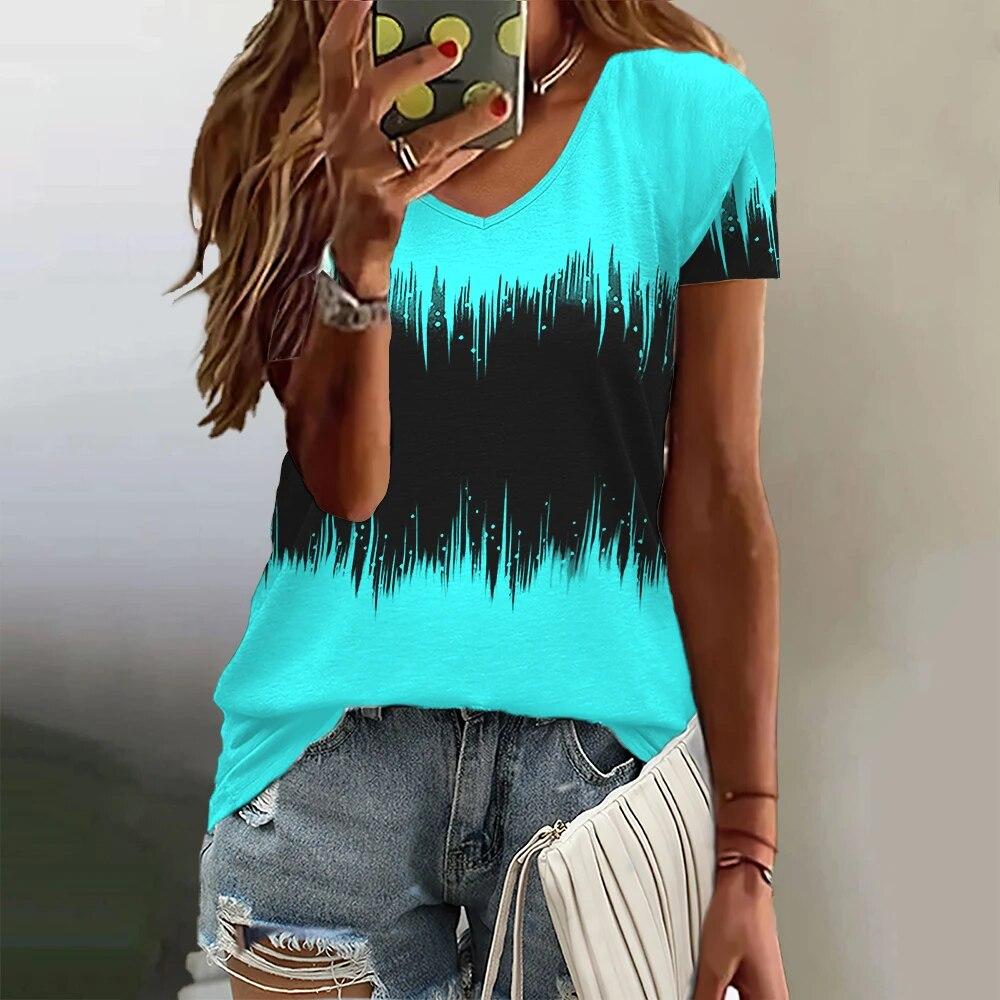 Gradient Pattern Women's T Shirt Summer V Neck Casual Short Sleeve Tees Female Oversized Harajuku Clothing Fashion Girls Blouse