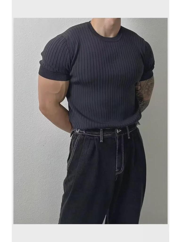 Men's Trendy Slim-Fit Summer Knit T-Shirt with Vertical Stripes