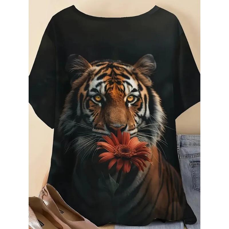 3D Printed Women's Round Neck Tiger Pattern T-shirt Multifunctional Summer Fresh Women's Version T-shirt Breathable Machine Wash Outdoor Top