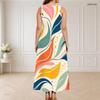 Women Plus Size Round Neck Triple Keyhole Sleeveless Abstract Printed Maxi Dress