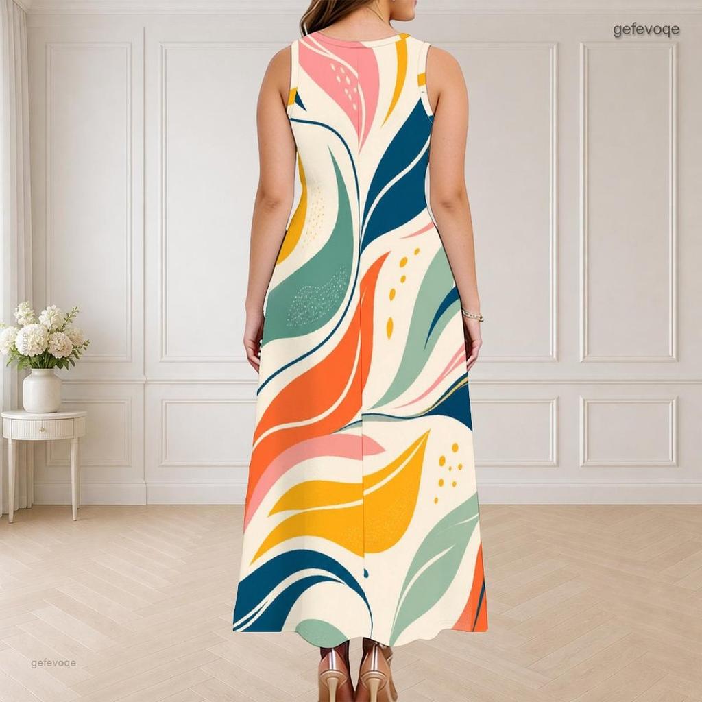Women Plus Size Round Neck Triple Keyhole Sleeveless Abstract Printed Maxi Dress