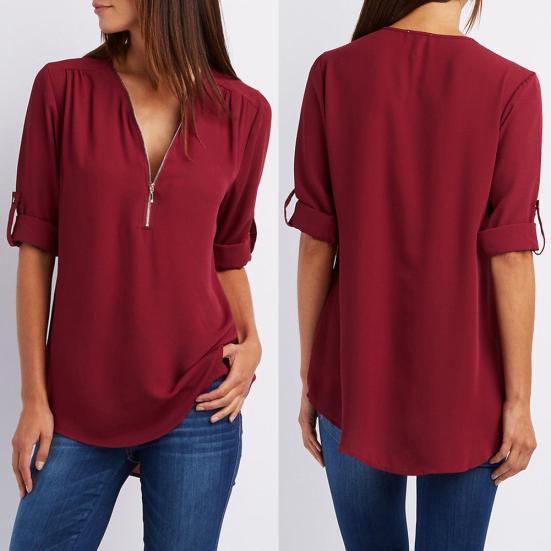 Plus Size Women Solid Color Loose Zipper V Neck Long Sleeve Chiffon Blouse Shirt
