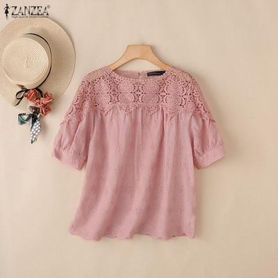 Women Lace Crochet Splice Round Neck Casual Half Sleeve Blouse