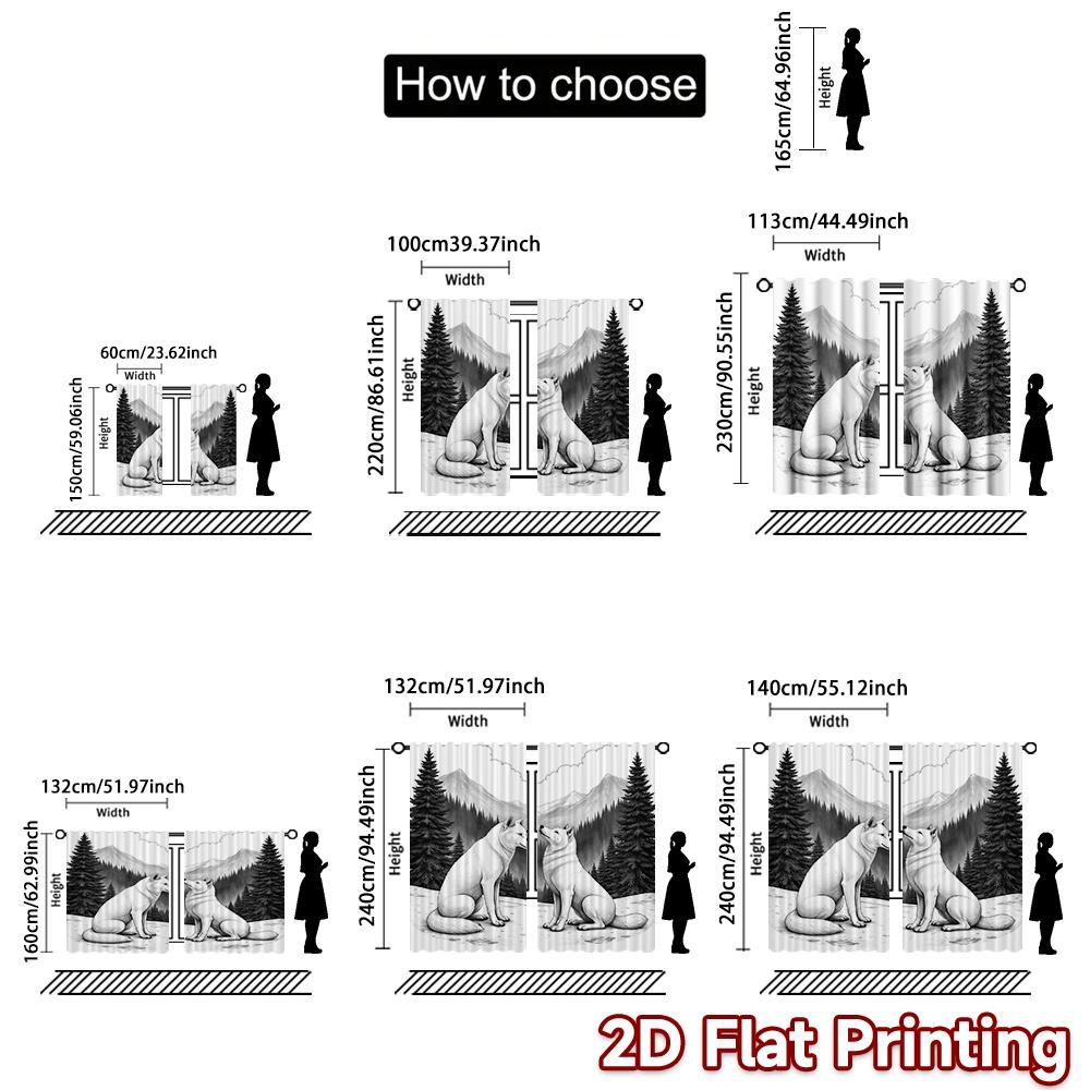 2D FLAT PRINTING 2pcs Curtains (Without Rod) Two Wolves In Mountains Popular Popular Curtain Semi-Sheer Curtains Crescent Moon