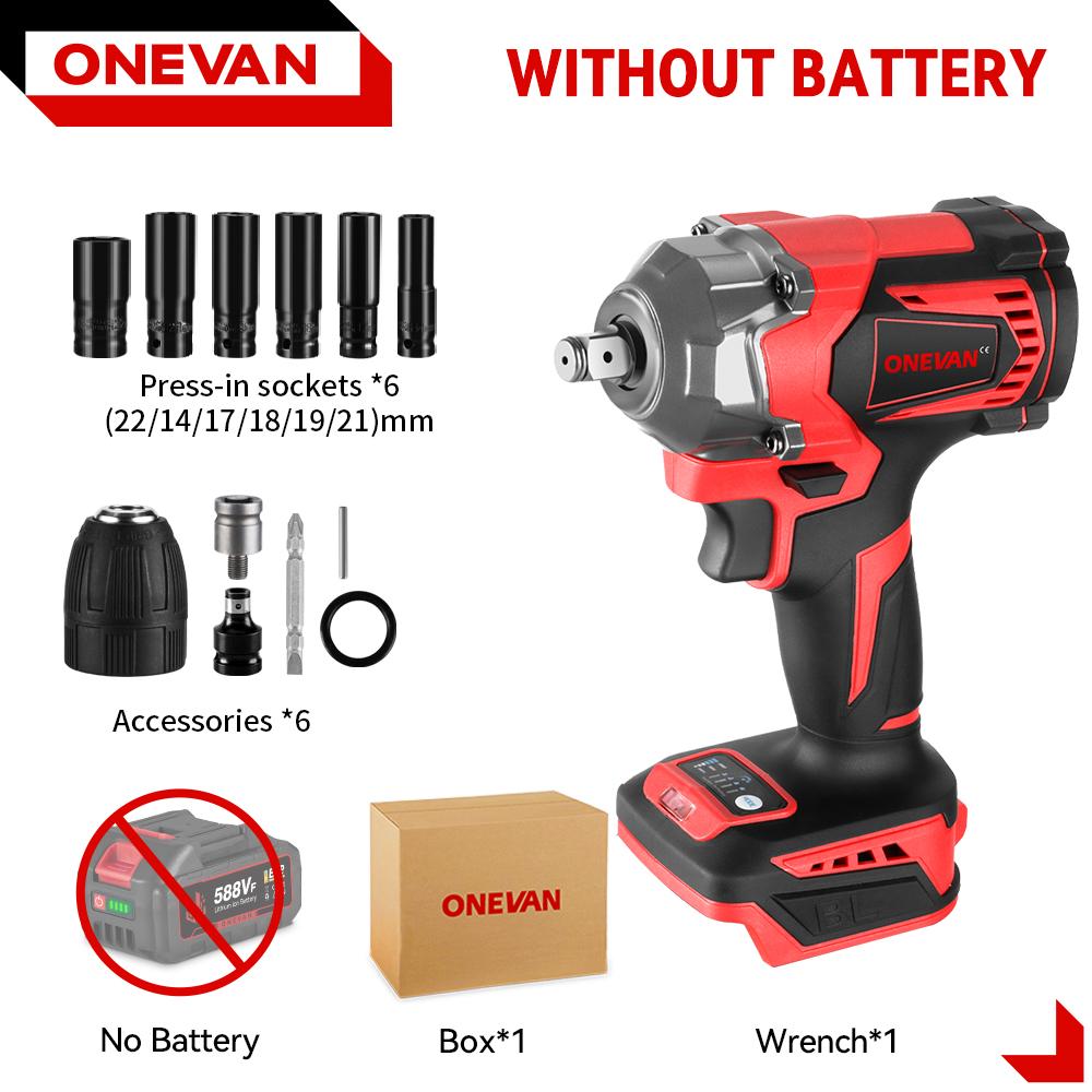 ONEVAN 1200N.M Brushless Electric Impact Wrench 1/2'' Cordless Screwdriver Lithium-Ion Battery Power Tool for Makita 18V Battery