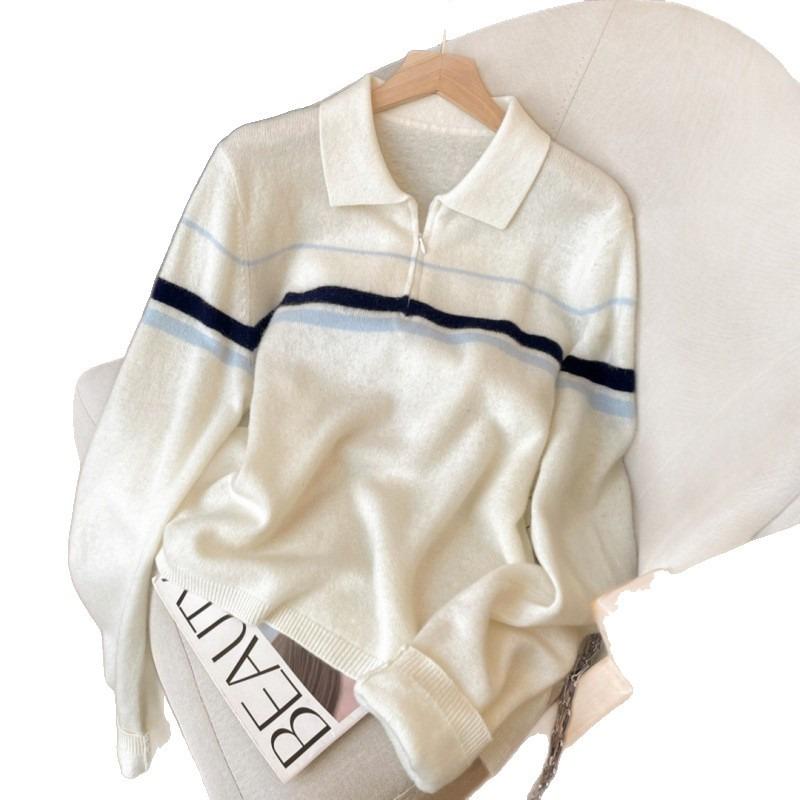 Lapel Knitted Sweater Women's Autumn and Winter New Striped Sweater Half Zipper Top
