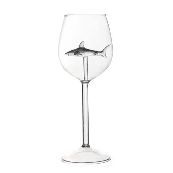 Zestaw Kieliszków do Wina Rekin Ręcznie Dmuchane Bezołowiowe Szkło Kielich z Rekinem 3D Wewnątrz 300ml Kreatywny Motyw Rekina Akcesoria Barowe Prezent dla Mężczyzn Kobiet Miłośników Rekinów