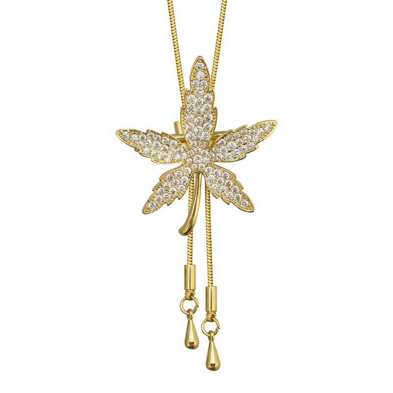 Autumn And Winter Long Leaf Versatile Temperament Necklace Female Lucky Grass One Two Wear Sweater Chain Corsage Female