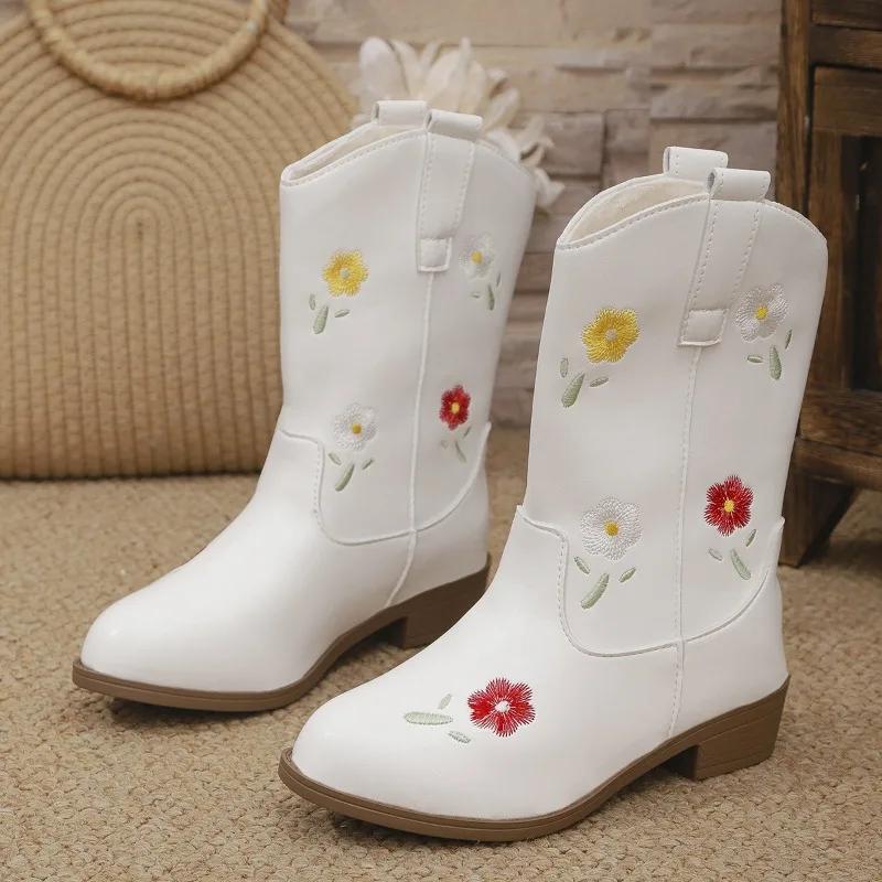 Children Clothing Yulin-001 Girls Brown Leather Boots Autumn Winter Kids Embroidered Mid-Calf Boots Sweet Elegant Children Causal Boots Pointed Toe Cm