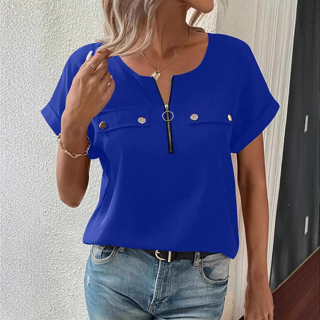 Γυναικεία Καλοκαιρινά Τοπ Μπλούζες με Λαιμόκοψη V Επίσημο Καθημερινό Τοπ με Φερμουάρ Άνετη Εφαρμογή