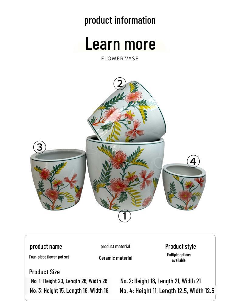 Blue and White Porcelain Chinese Ceramic Flower Pots - 4-Piece Set for Indoor and Outdoor Plants