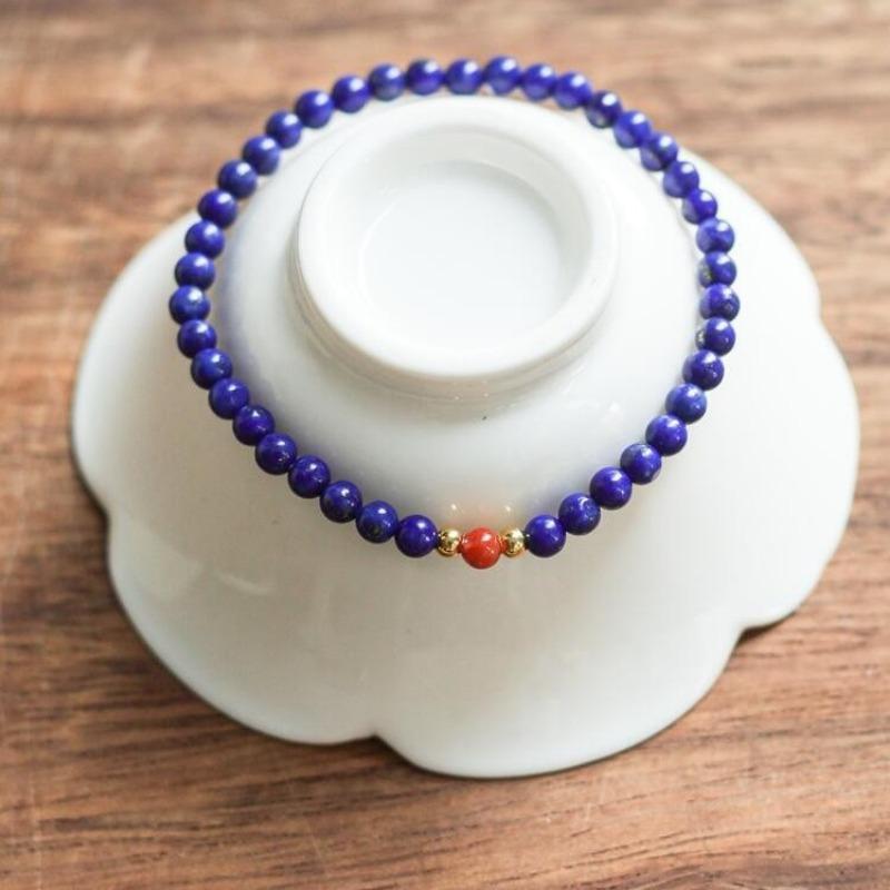 Lapis Lazuli Beaded Bracelet with Red Agate Gold Accents – Natural Stone Protection Jewelry for Men Women, Dainty Gift