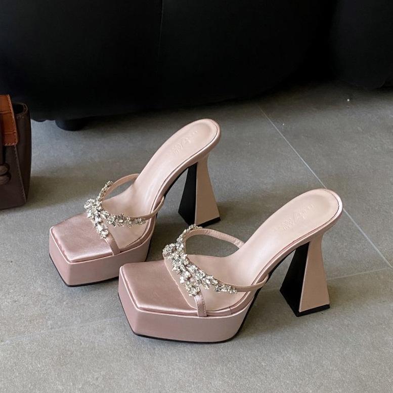 2025 Thick-soled Women's Summer Rhinestones Thick Heels Hate the Sky High Catwalk, Small People Gain Height, Super High Heels, Sandals, Cool Slippers