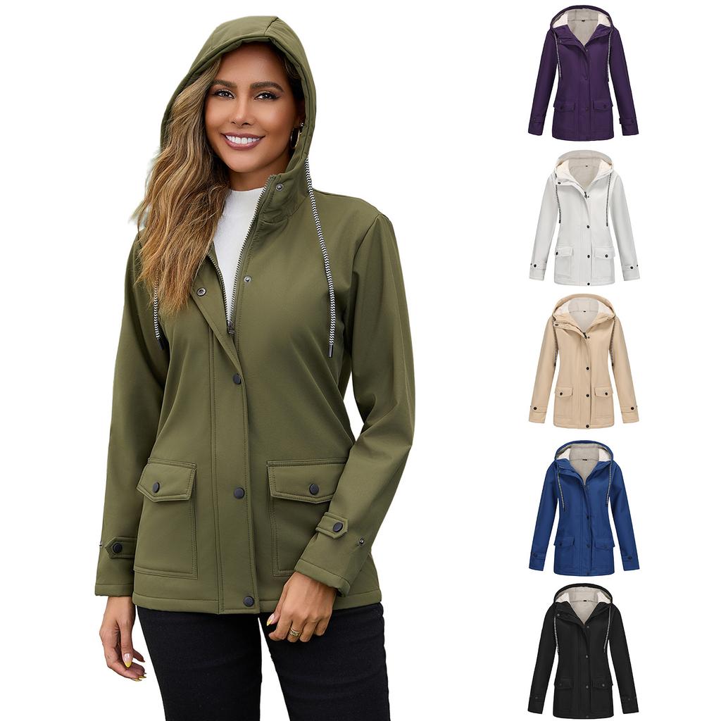 European and American Style Women's Hooded Windbreaker Coat, Fleece-lined, Waterproof, Suitable for Spring and Autumn.