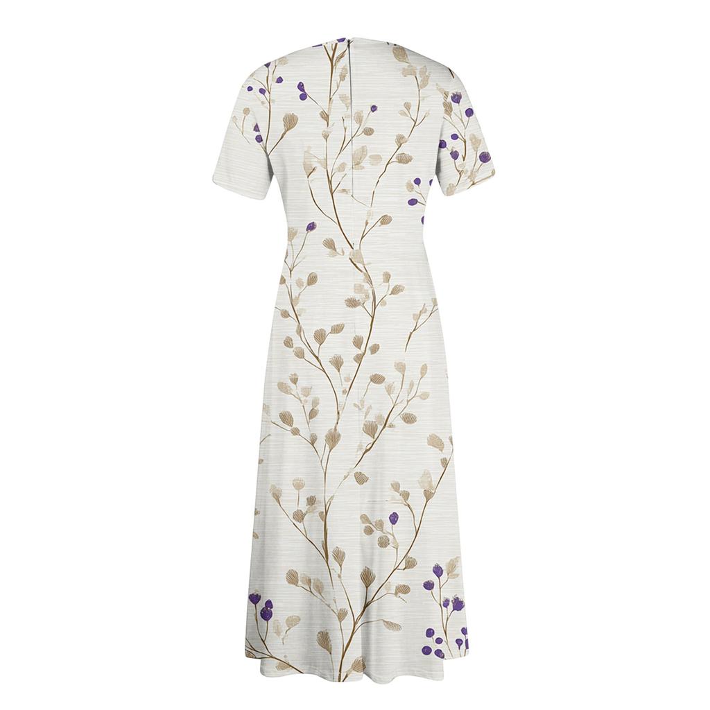 Abito Casual da Donna Taglie Forti Stampa Floreale Retro Girocollo Manica Corta Tasca Cintura Cravatta