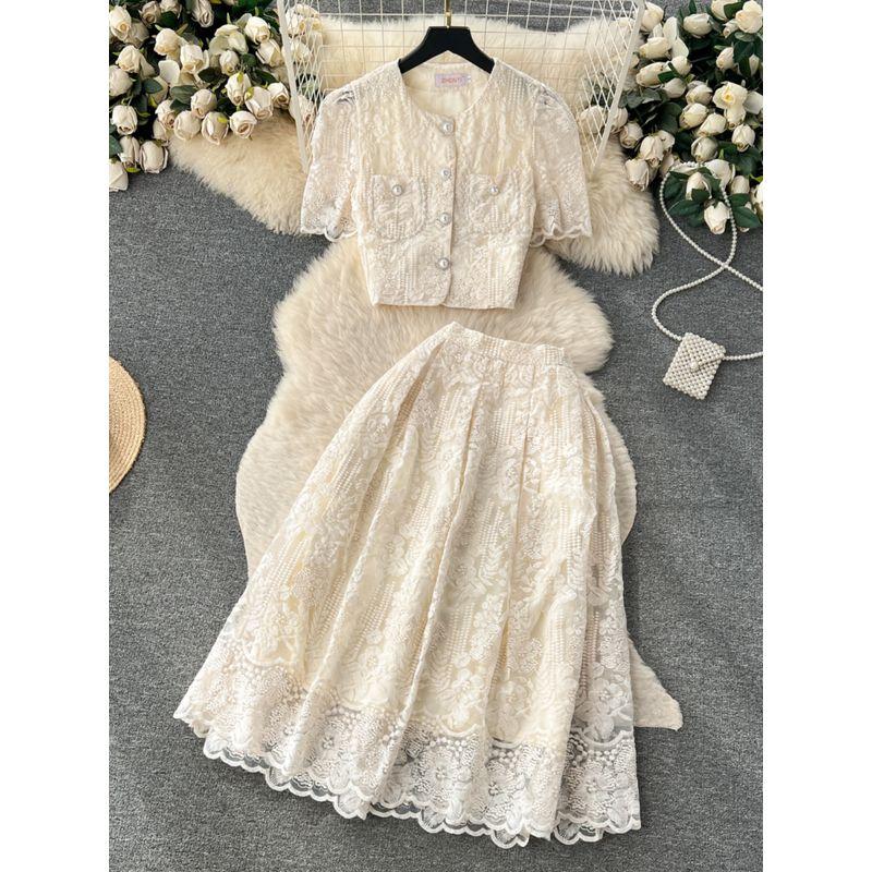 Socialite Style Crochet Puff Sleeves High Waist Slim Looking Lace