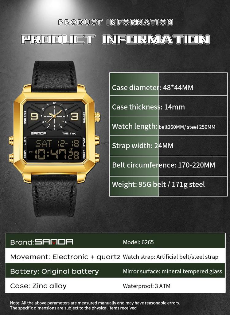 SANDA 6265 Square Dual Display Watch Men's Electronic Quartz Dual Movement 3ATM Waterproof Night Light Sports Business Watch