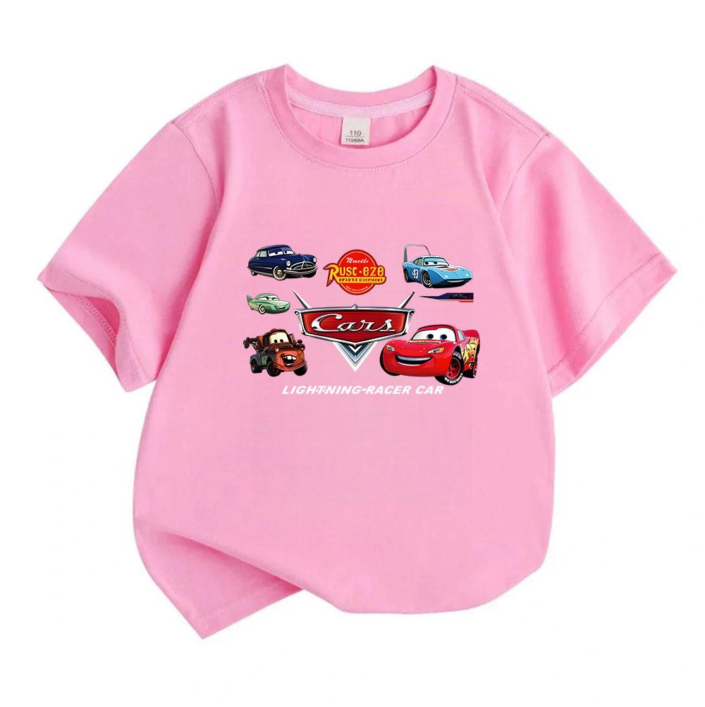 Kids Boys Girls Crew Neck Short Sleeve 100% Cotton T-shirt, Cute Cartoon Racing Car Printed Casual Tees for Children, Summer Soft Breathable Top for D