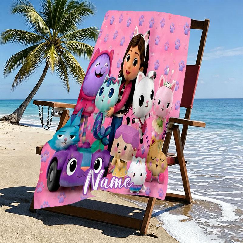 Custom Name Personalized Gabby's Dollhouse Print Beach Towel, for Trip Camping Beach Party Home Decor, Birthday Gift for Family & Friends