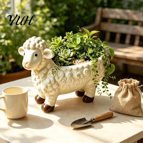 Cute Animal Flower Pot Curly Sheep Planter Pot, Resin Lamb Decorative Shaped Plant for Succulents Cacti Indoor Outdoor Decoration Holder Balcony