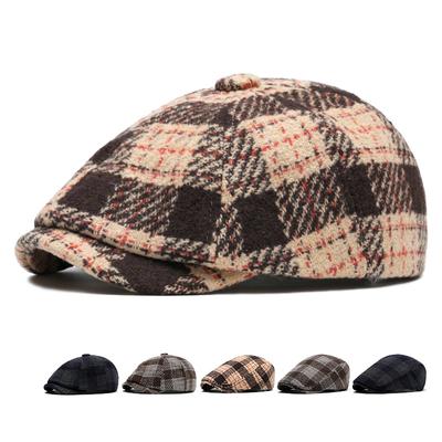 Casquette Plate à Carreaux Vintage Homme Automne Hiver Chaude Casquette de Garçon de Presse Laine Béret