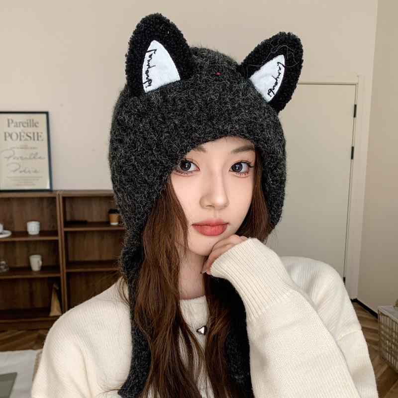 Autumn and winter cute fox ears knitted wool hat children warm braids straps ear protectors show face small cold hat