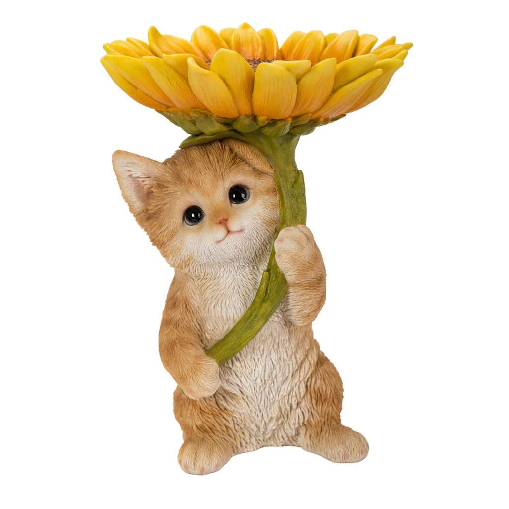 Ubia Brown Tabby Cat Holding a Sunflower x 15 x Garden Tray, 15.5 22.5 cm, Figurine, Animal, Decor, Realistic, Cute, Cat, H21337-1