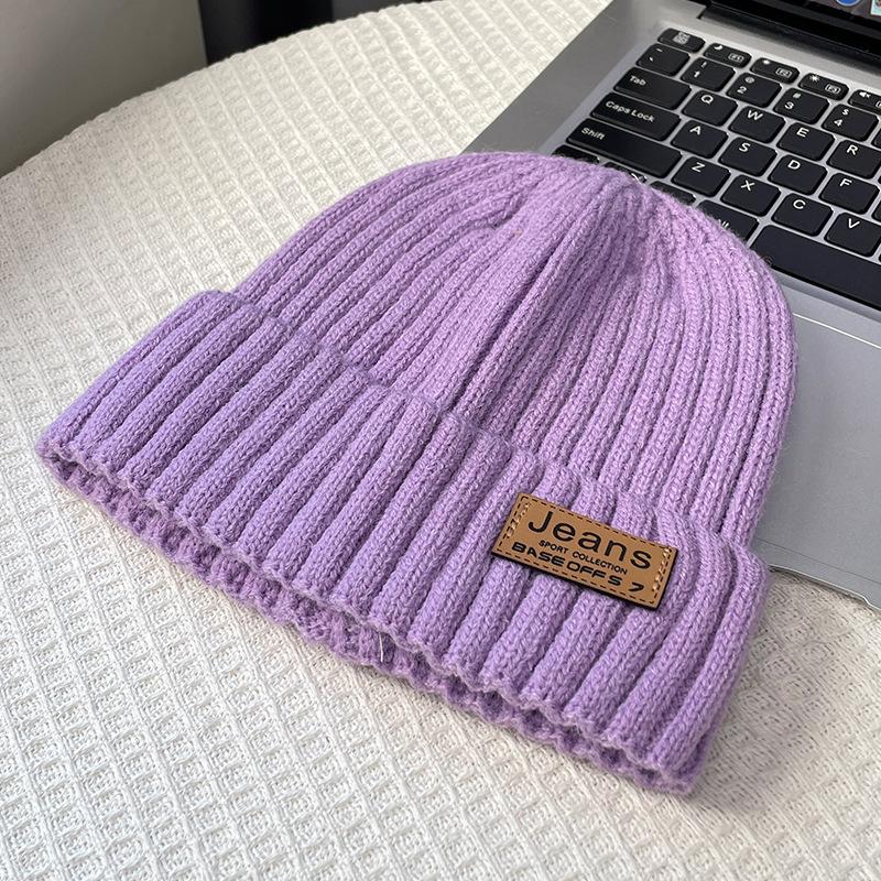 Coarse thread knitted hat children autumn and winter leather label letter wool hat big head circumference warm ear protection cold hat men