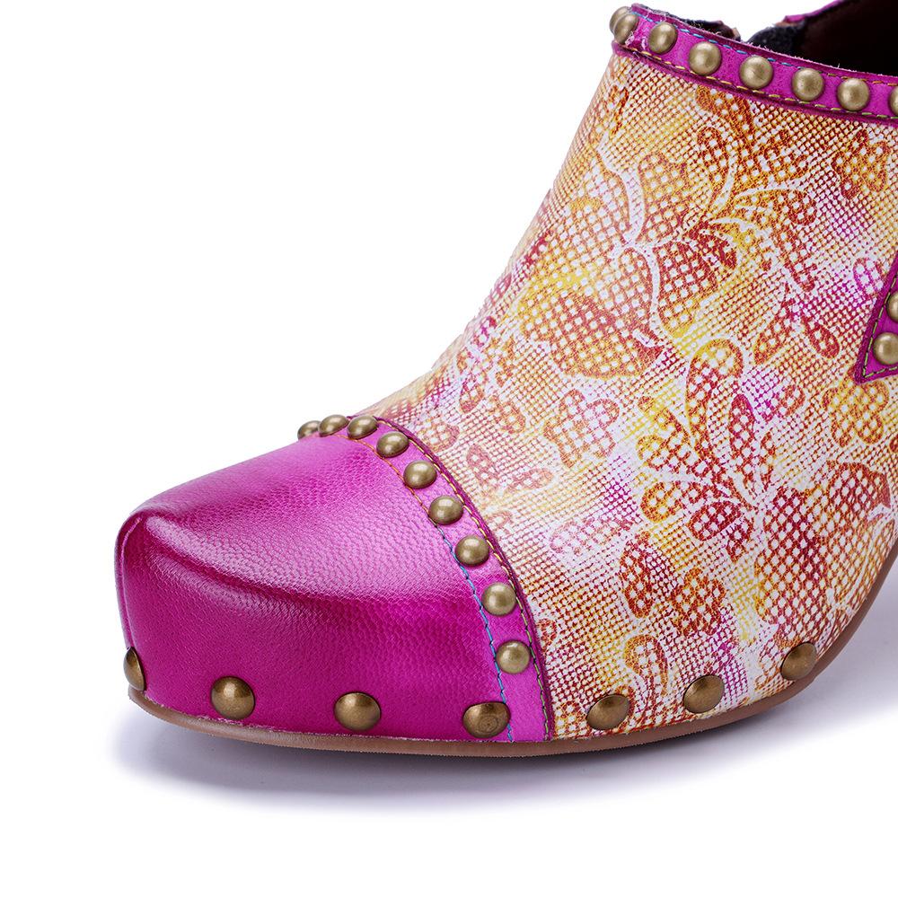 Johnature Pantofi cu toc înalt cu nituri, cu imprimeu retro, cu aplicații din piele naturală, pentru femei