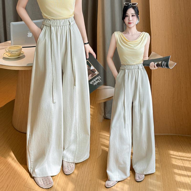

Elastic Waist Tie-Up Wide-Leg A-Line Pants - 2026 Spring/Summer Slimming Design for Women Casual Wear XL абрикосовий