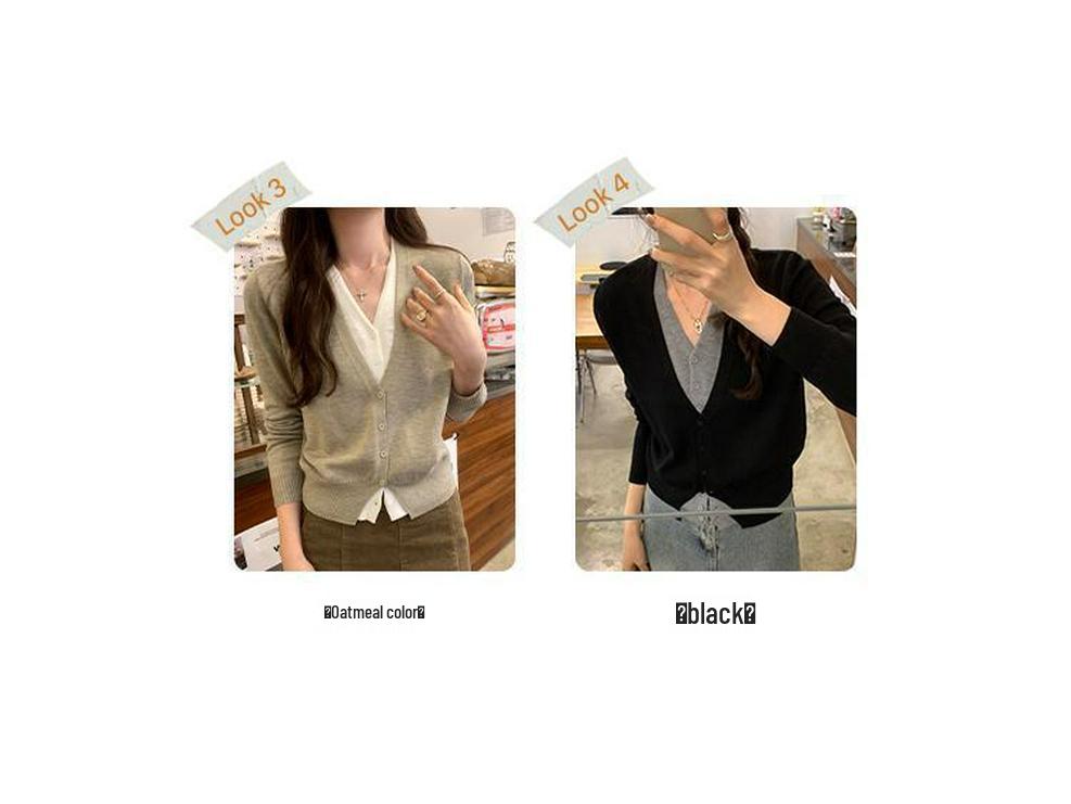 Wool Faux Two-Piece V-Neck Color Block Chic Knit Cardigan for Women - Autumn/Winter Lazy Style Short Sweater Coat