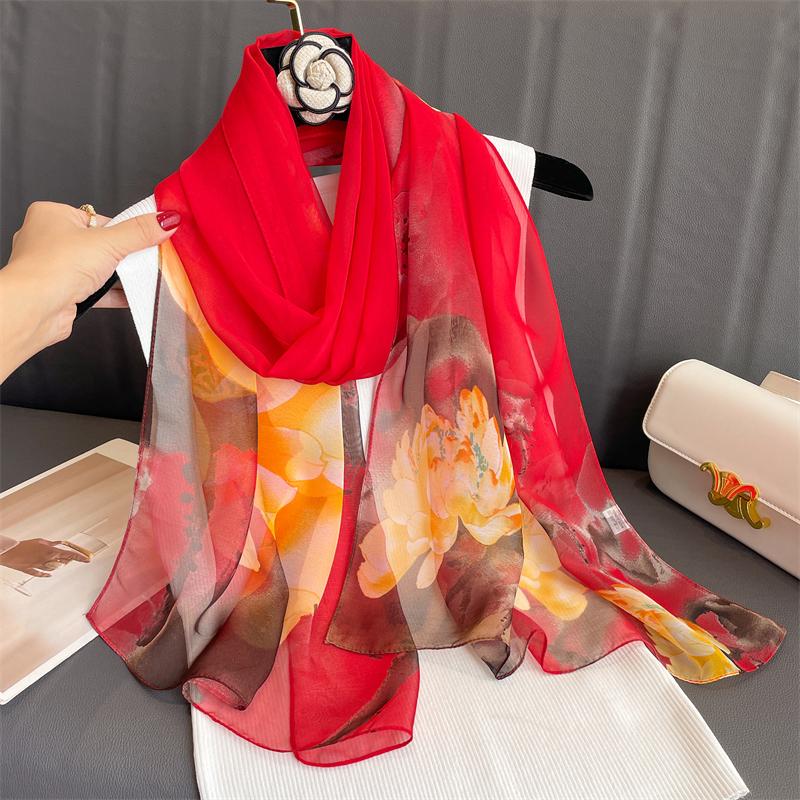 Luxury Brand Women Beach Scarf Georgette Silk Shawls Design Print Headband Female Summer Headband Wraps Sunscreen Hijab 2023