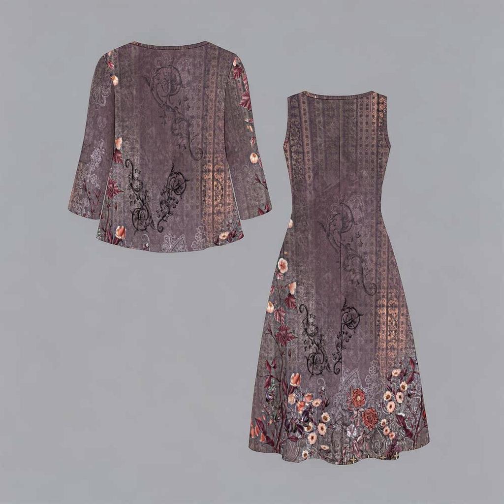 Oversized Female Two Piece Set Floral Sling Dress With Hollow Out Knit Outer Coat