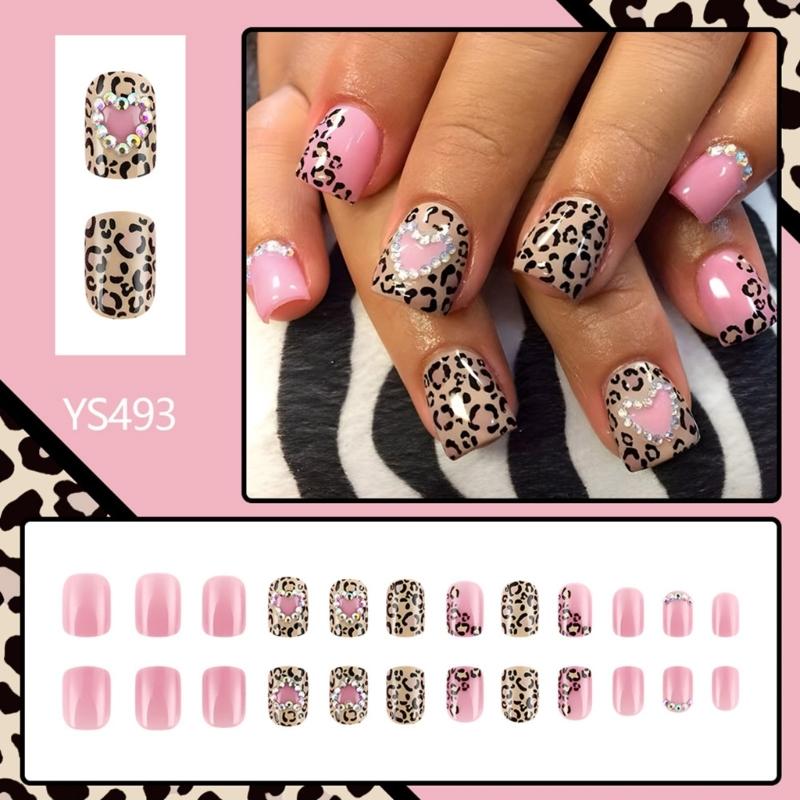 24 Pcs False Nail with Rhinestones Valentines Day Press On Nail Leopard Heart Acrylic Nail Full Cover Stick On Nail
