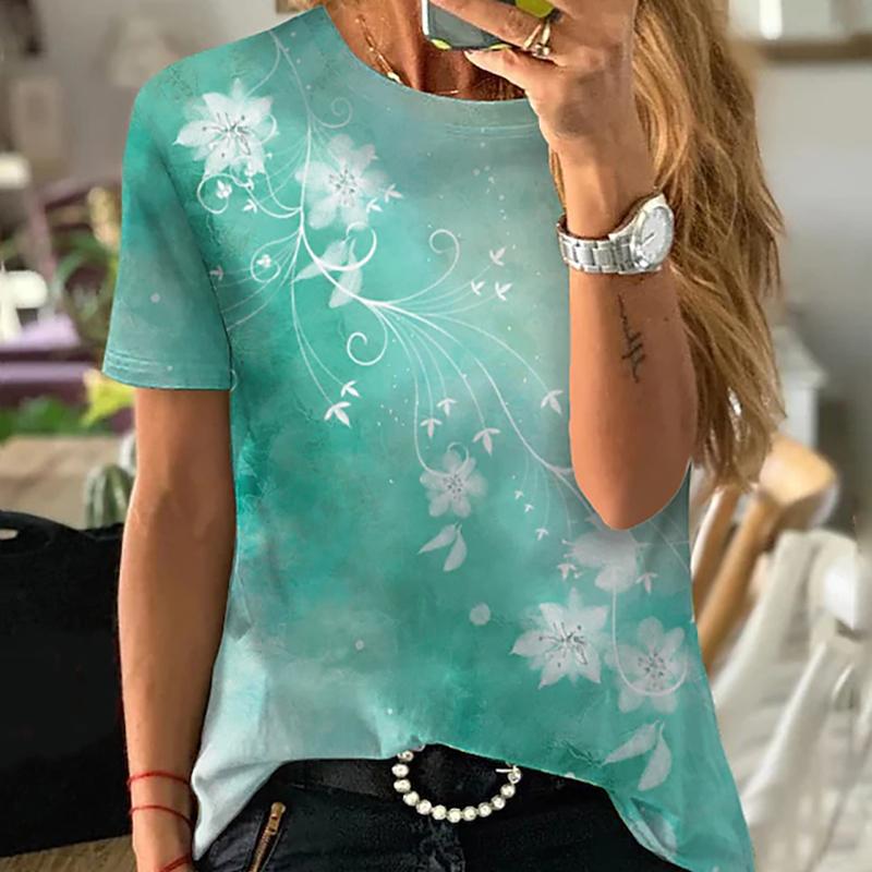 Damen Sommer T-Shirt Trend Blumendruck Retro Mode Kurzarm Tees Lässig Bedruckte Oberteile