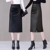 2025 High-Waist Black PU Leather Midi Skirt – Pear Shape Flattering with Slit, Perfect for Autumn/Winter