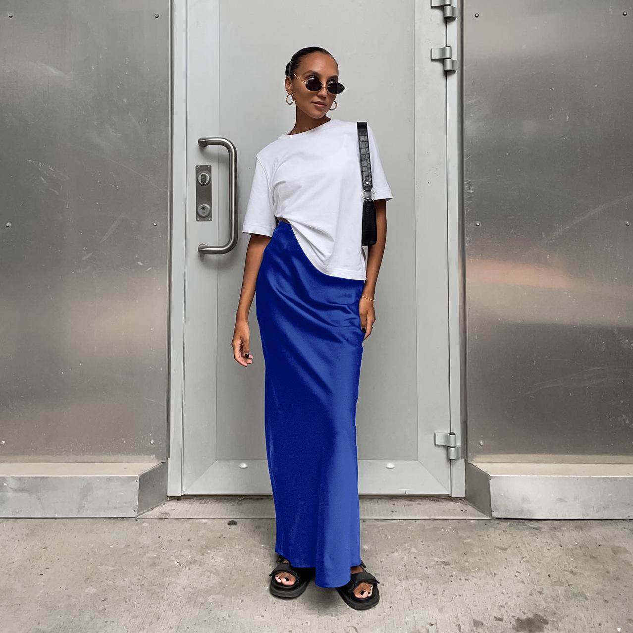 

2024 Spring/Summer Women s High Waist Midi Fishtail Skirt - Solid Color, European & American Style, French Commute Skirt. M темно-синий