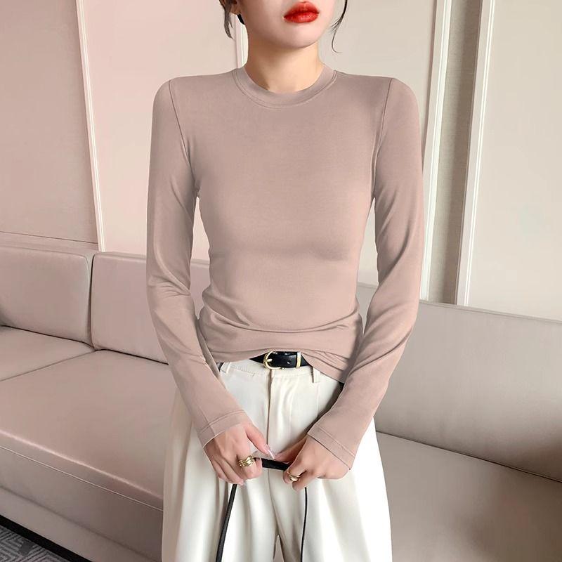 Women's Black Modal Crew Neck Long Sleeve Base Layer Top - Slim Fit, Low Neck Design for 2025 Autumn/Winter