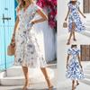 European and American women's clothing 2026 summer printed ruffle edge short-sleeved lace-up dress