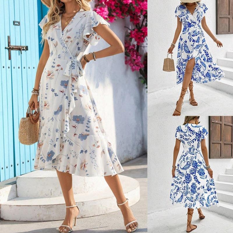 European and American women's clothing 2026 summer printed ruffle edge short-sleeved lace-up dress