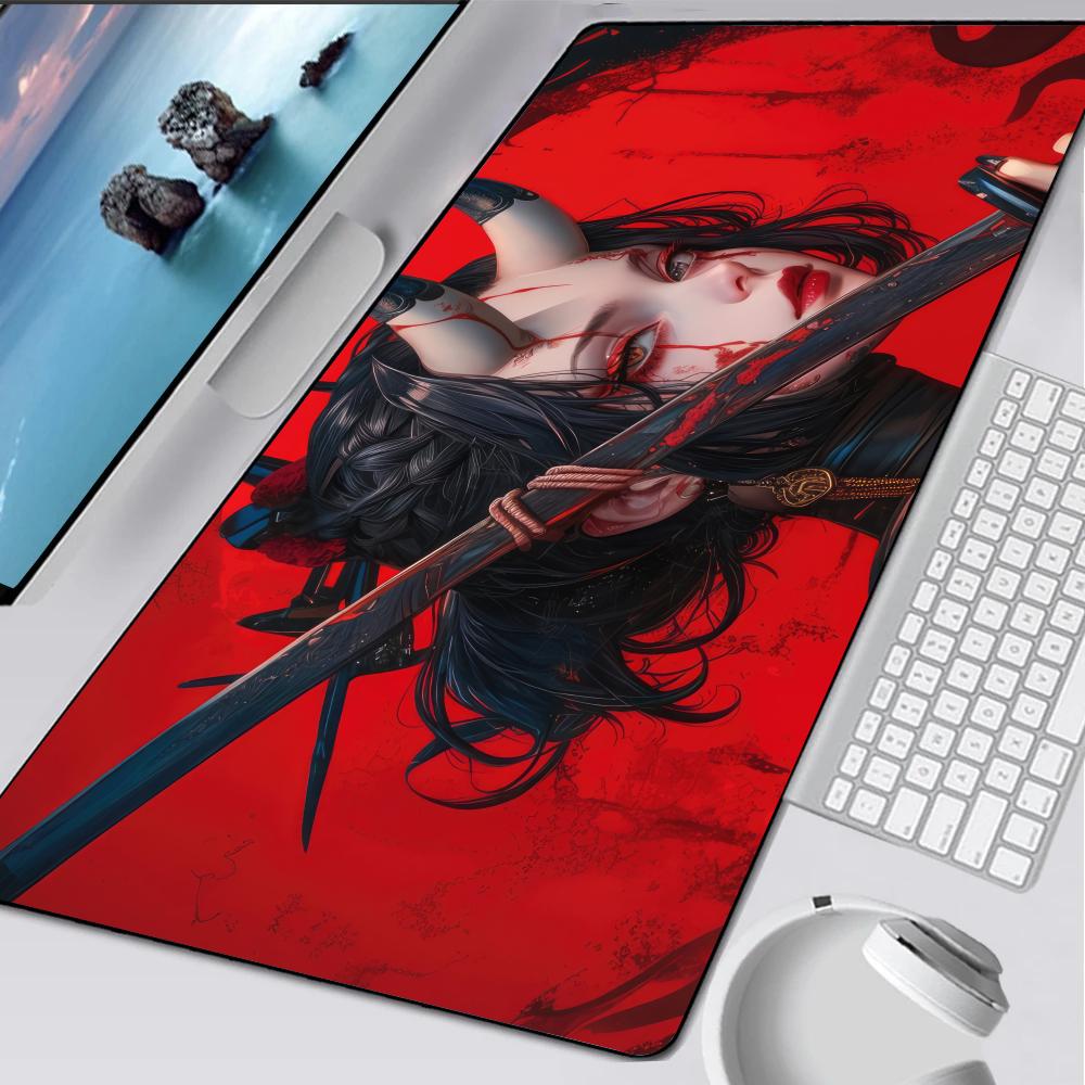 Anime Demon Girl Samurai Katana Mouse Pad Rubber Mat Laptop Xxl Mousepad Notebook Gamer Computer Table Gaming Accessories