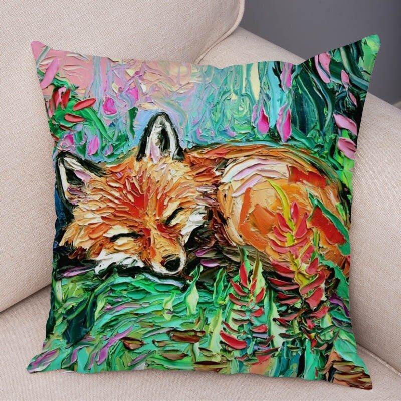 Animal Oil Painting Patterns Throw Pillow Cover With Short Plush Print Living Room Sofa Decoration Cushion Cover Pillow Covers