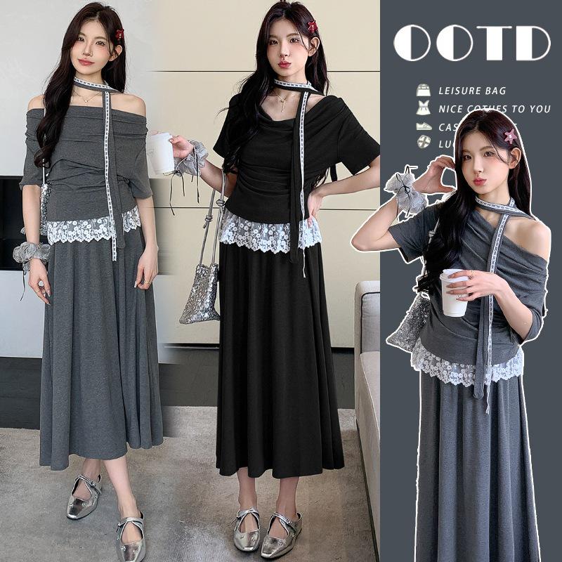2026 Summer Fashion: One-Shoulder Ribbon Lace Top & Buckle Skirt Set L