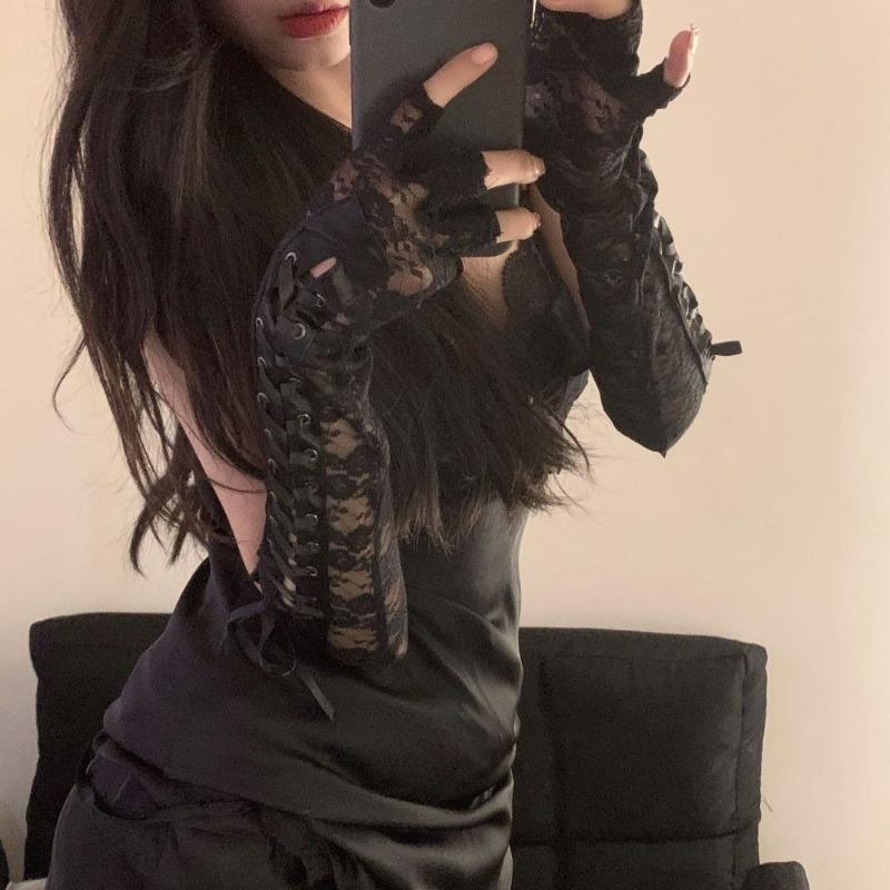 Black Silk Mesh Wedding Lace Gloves for Women's Evening Dress, Wedding Veil, Pure Erotic and Sexy Photo Sleeve, Sleeveless Dress