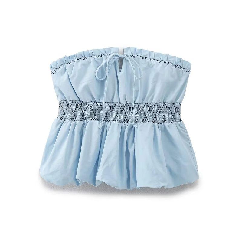 

Zbza Summer New Arrival Women s Clothing Fashion Style French Style Pure Color Cold-Shoulder Sleeveless Pleated Tops 1971063 403 Blue XS