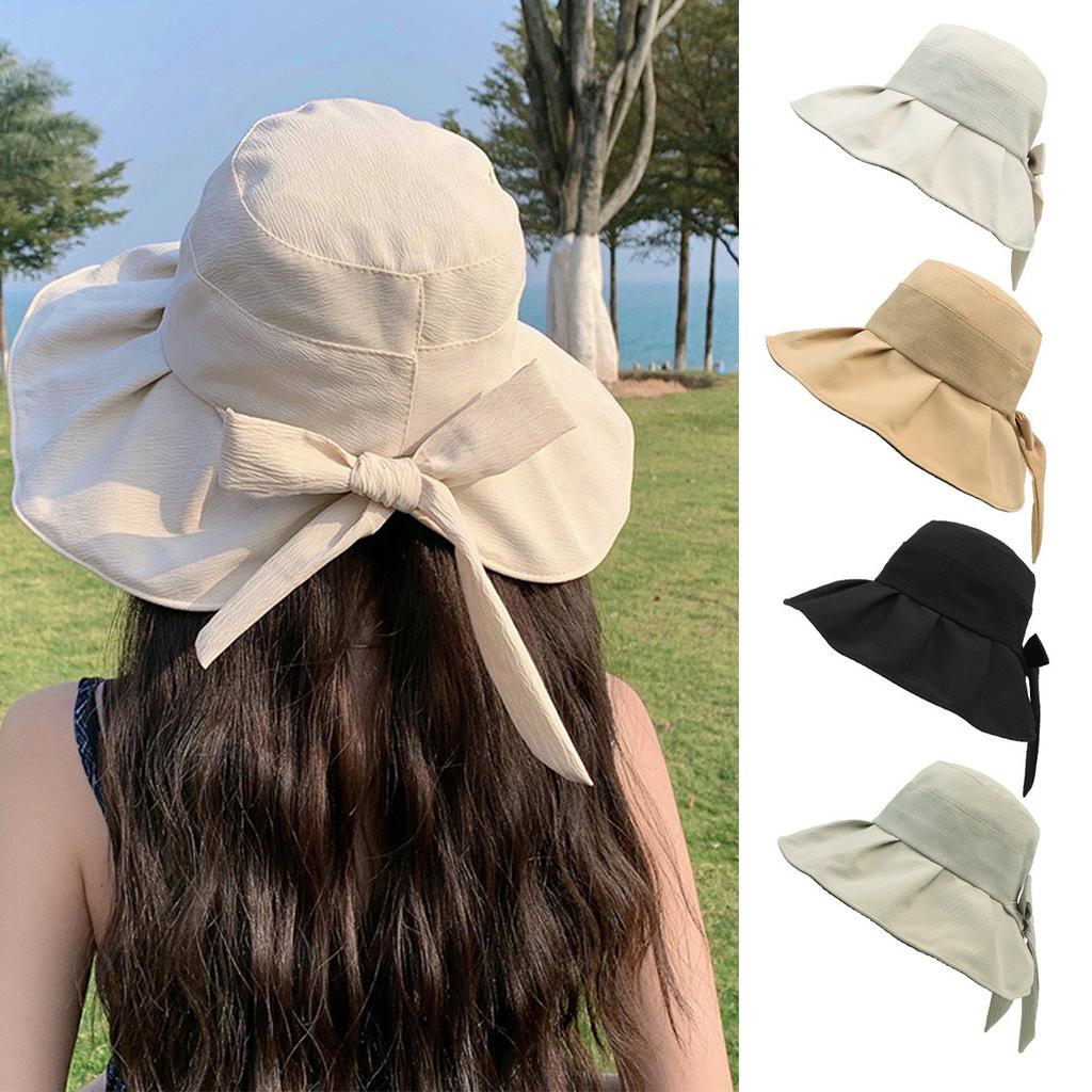 Ready To Ship Women Big Bowknot Wide Brim Bucket Hat Foldable Packable Beach Sun Caps Ladies Elegant Summer Holiday Sunshade Hat
