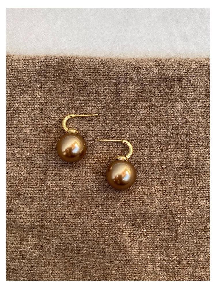 Silver Needle Maillard Vintage Champagne Pearl Earrings Show Temperament Daily Commuter Earrings