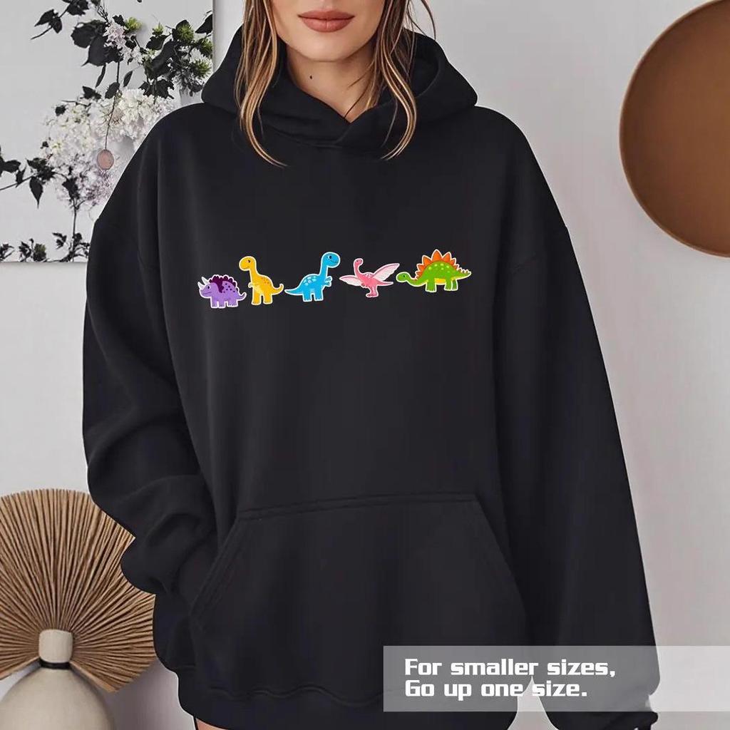 Dinosaur Print Loose Fit Hooded Sweatshirt with Ribbed Hem