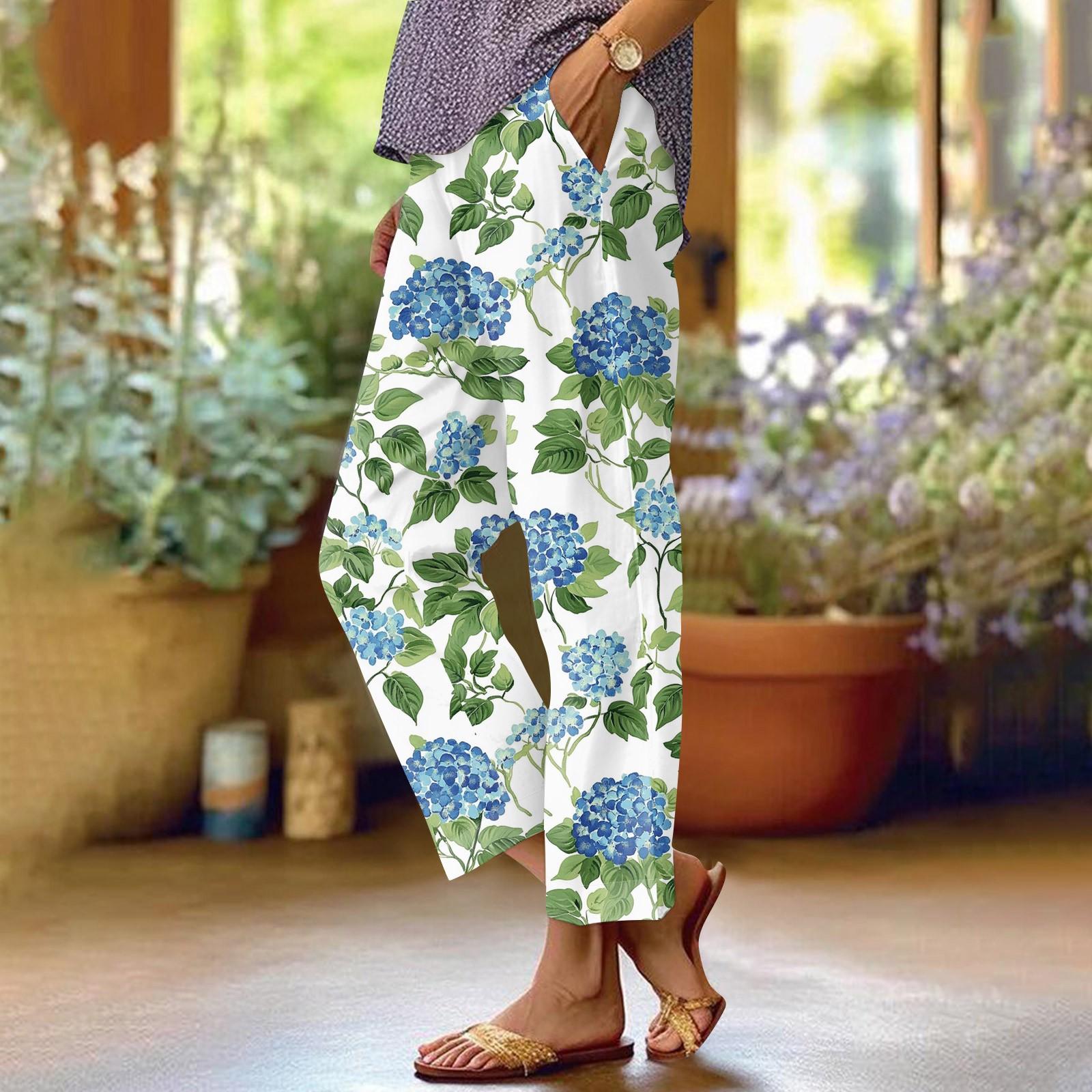 Women s Fashionable Floral Print Straight Leg Pocket Elastic Waist Casual Pants Pants L