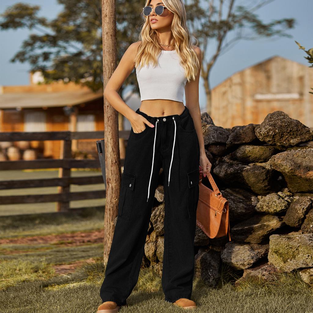 YYFS Women's Fashion Denim Casual Solid Color Print Adjustable Trousers Pants & Capris